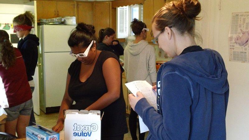 Students in OT 107 complete a low vision simulation activity.  This requires them to prepare a snack while experiencing low vision diagnoses.  This lab is completed in the OT House kitchen.